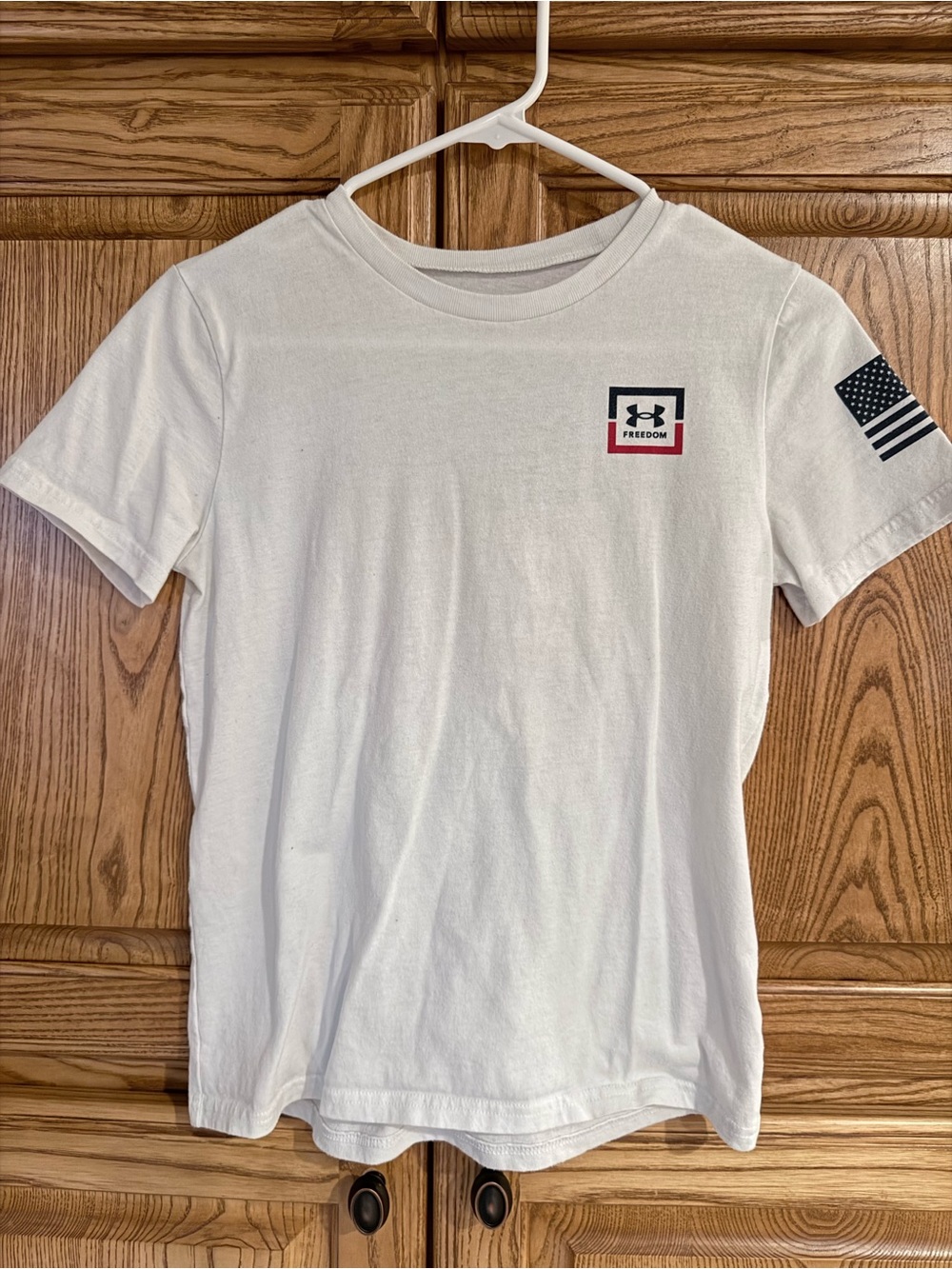Under Armour Kids White Tee with Freedom Logo and Flag Sleeve